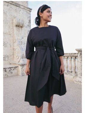 Dainty Jewells Black Midi Dress Fit & Flare Tie Waist 3/4 Sleeve 4X